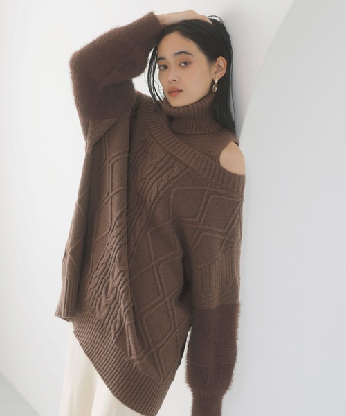 VIS（ビス）の「【洗える】オフショルケーブル編みミニワンピース（ワンピース・レディース・レッド/ホワイト系その他/ブラウン系その他2・FREE）」の2枚目の写真