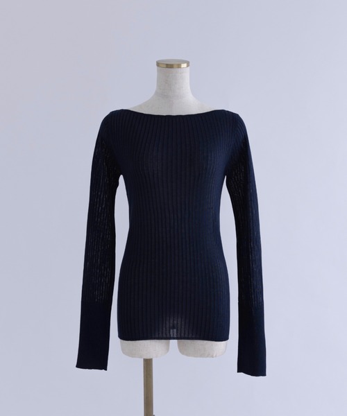 EN NEUME(エンノイム)の「Boat Neck Ribbed Sheer Knit(ニット/セーター・レディース・ベージュ/ネイビー/ミント・FREE)」の4枚目の写真