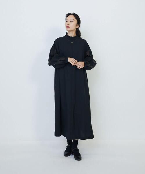 美品！LOISIR ロワズィール 異素材 ロングワンピース 麻 リネン 黒 セール】エステルウールトロピカルクロス異素材コンビAライン