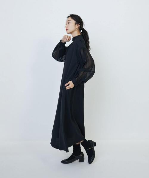 美品！LOISIR ロワズィール 異素材 ロングワンピース 麻 リネン 黒 セール】エステルウールトロピカルクロス異素材コンビAライン