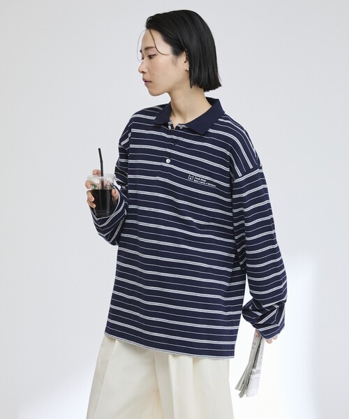 Firsthand(ファーストハンド)の「MA Firsthand/マ ファーストハンド POLO BORDER PO / ポロボーダープルオーバーシャツ(ポロシャツ・レディース・ホワイト/サックスブルー/ネイビー・FREE)」の2枚目の写真