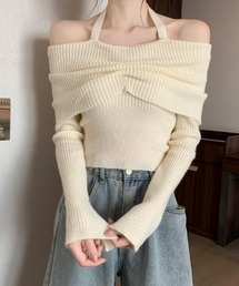 ホルターネック オフショル リブプルオーバー