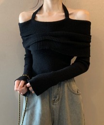 ホルターネック オフショル リブプルオーバー