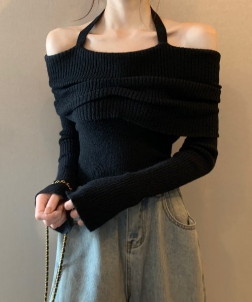 SHEPP(シープ)の「ホルターネック オフショル リブプルオーバー(ニット/セーター・レディース・ブラック/ベージュ/グレー/アイボリー・F)」の1枚目の写真