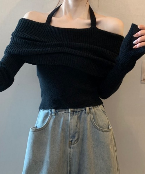 SHEPP(シープ)の「ホルターネック オフショル リブプルオーバー(ニット/セーター・レディース・ブラック/ベージュ/グレー/アイボリー・F)」の8枚目の写真