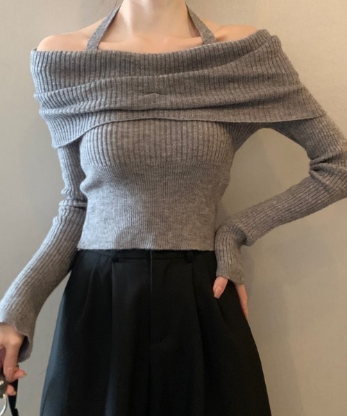 SHEPP(シープ)の「ホルターネック オフショル リブプルオーバー(ニット/セーター・レディース・ブラック/ベージュ/グレー/アイボリー・F)」の12枚目の写真