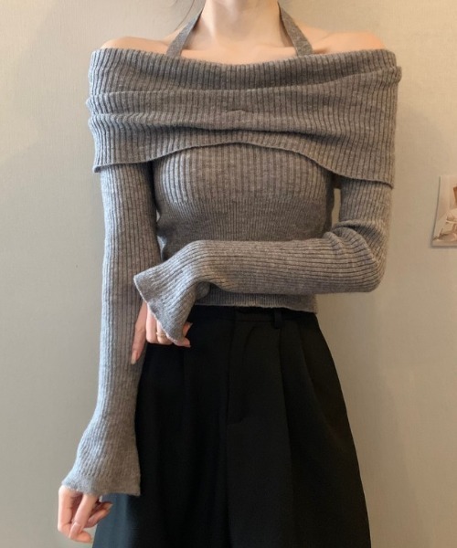 SHEPP(シープ)の「ホルターネック オフショル リブプルオーバー(ニット/セーター・レディース・ブラック/ベージュ/グレー/アイボリー・F)」の13枚目の写真