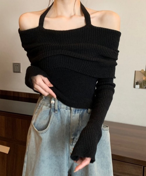 SHEPP(シープ)の「ホルターネック オフショル リブプルオーバー(ニット/セーター・レディース・ブラック/ベージュ/グレー/アイボリー・F)」の19枚目の写真