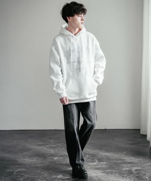 オーバーサイズ ラインストーンロゴプリント 裏起毛スウェットプル