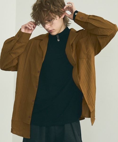 Shoowtime(ショウタイム)の「Same color striped pattern long sleeve shirt / サムカラーストライプパターンロングスリーブシャツ(シャツ/ブラウス・メンズ・ブルー/ブラウン/ホワイト/ブラック・MEDIUM/X-LARGE/LARGE)」の3枚目の写真