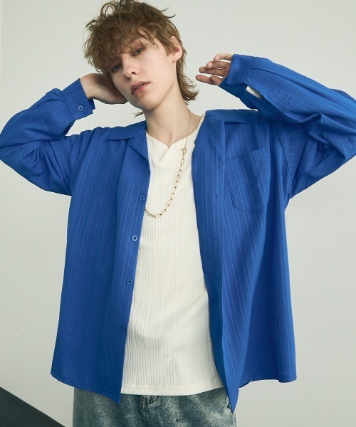 Shoowtime(ショウタイム)の「Same color striped pattern long sleeve shirt / サムカラーストライプパターンロングスリーブシャツ(シャツ/ブラウス・メンズ・ブルー/ブラウン/ホワイト/ブラック・MEDIUM/X-LARGE/LARGE)」の4枚目の写真