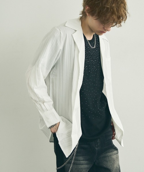 Shoowtime(ショウタイム)の「Same color striped pattern long sleeve shirt / サムカラーストライプパターンロングスリーブシャツ(シャツ/ブラウス・メンズ・ブルー/ブラウン/ホワイト/ブラック・MEDIUM/X-LARGE/LARGE)」の6枚目の写真