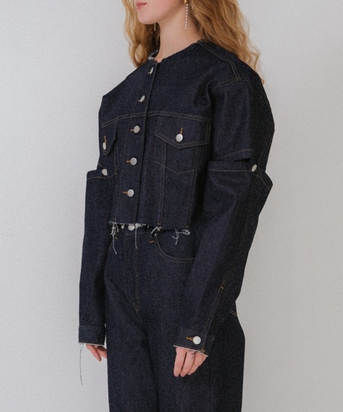 ジャケット・アウター HONEY MI HONEY cropped slit denim jacket セール】cropped slit denim jacket（デニムジャケット）｜HONEY