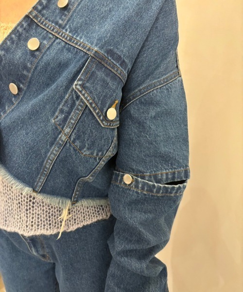 ジャケット・アウター HONEY MI HONEY cropped slit denim jacket セール】cropped slit denim jacket（デニムジャケット）｜HONEY