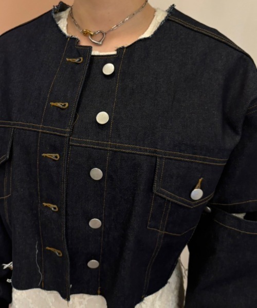 ジャケット・アウター HONEY MI HONEY cropped slit denim jacket セール】cropped slit denim jacket（デニムジャケット）｜HONEY