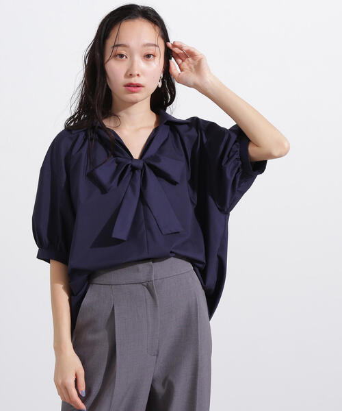 N.(N. Natural Beauty Basic)(エヌエヌナチュラルビューティーベーシック)の「スキッパーリボンタイ半袖ブラウス(シャツ/ブラウス・レディース・ネイビー/イエロー/ブルー・MEDIUM)」の1枚目の写真