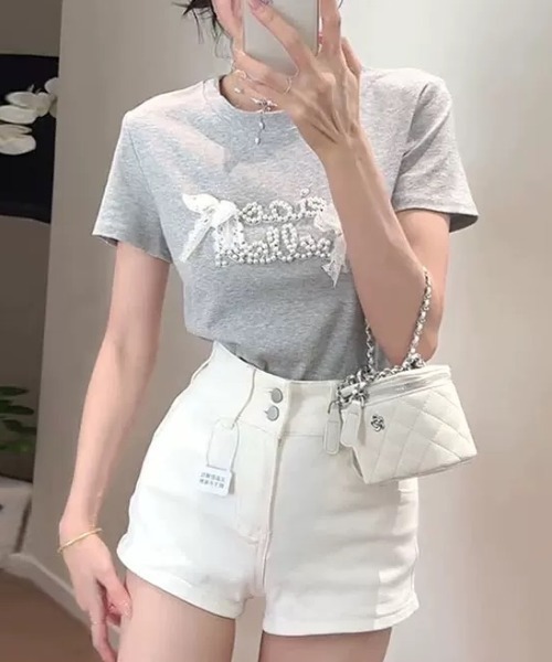 ampm(エーエムピーエム)の「リボンロゴSSカットソー(Tシャツ/カットソー・レディース・グレー/ブラック/ライトグレー/ホワイト・FREE)」の4枚目の写真