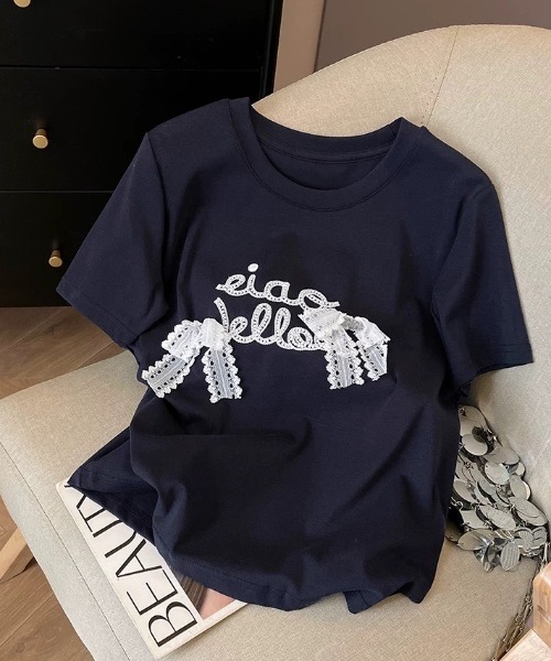 ampm(エーエムピーエム)の「リボンロゴSSカットソー(Tシャツ/カットソー・レディース・グレー/ブラック/ライトグレー/ホワイト・FREE)」の1枚目の写真