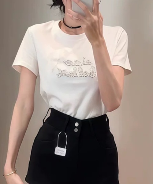 ampm(エーエムピーエム)の「リボンロゴSSカットソー(Tシャツ/カットソー・レディース・グレー/ブラック/ライトグレー/ホワイト・FREE)」の9枚目の写真