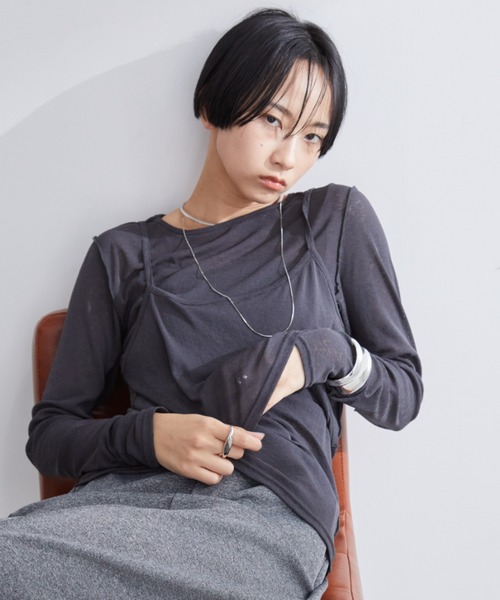 Aunt Marie's(アントマリーズ)の「キャミレイヤードシアートップス/カットソー(Tシャツ/カットソー・レディース・チャコールグレー/ブルー/アイボリー・FREE)」の13枚目の写真