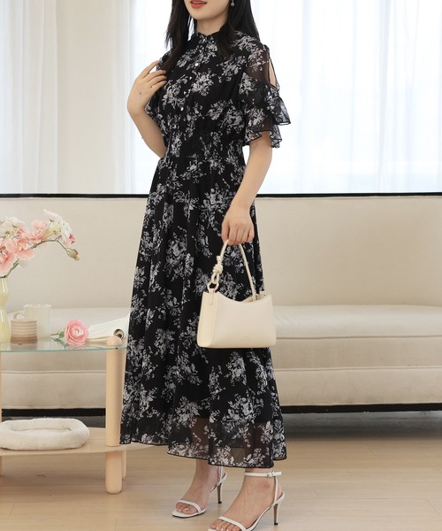Lace Ladies(レースレディース)の「花柄 袖コンシャス フリル スタンドカラー ワンピース(ワンピース・レディース・グレー/ピンク/ブラック・FREE/S)」の1枚目の写真