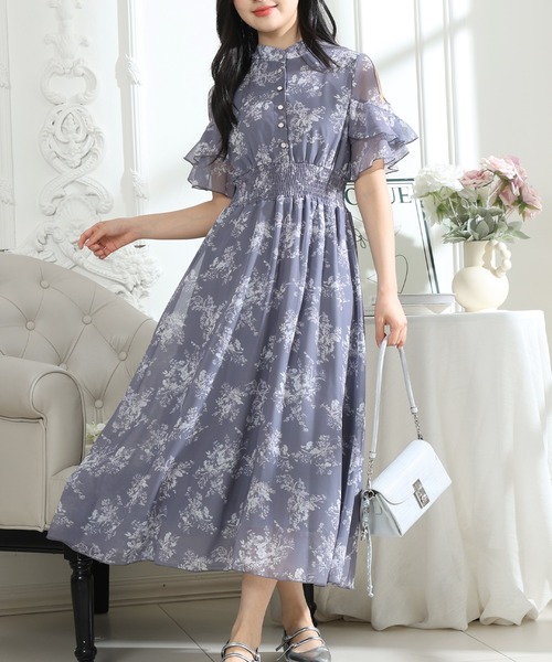 Lace Ladies(レースレディース)の「花柄 袖コンシャス フリル スタンドカラー ワンピース(ワンピース・レディース・グレー/ピンク/ブラック・FREE/S)」の6枚目の写真