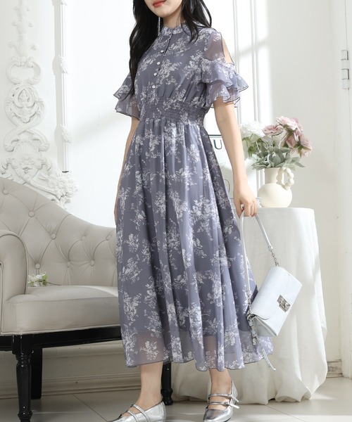Lace Ladies(レースレディース)の「花柄 袖コンシャス フリル スタンドカラー ワンピース(ワンピース・レディース・グレー/ピンク/ブラック・FREE/S)」の7枚目の写真