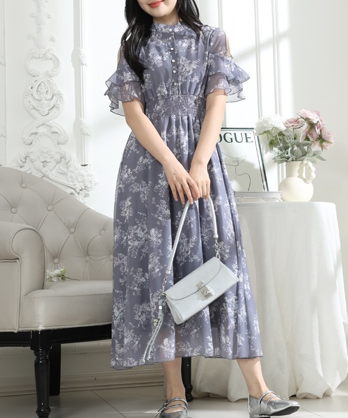 Lace Ladies(レースレディース)の「花柄 袖コンシャス フリル スタンドカラー ワンピース(ワンピース・レディース・グレー/ピンク/ブラック・FREE/S)」の8枚目の写真