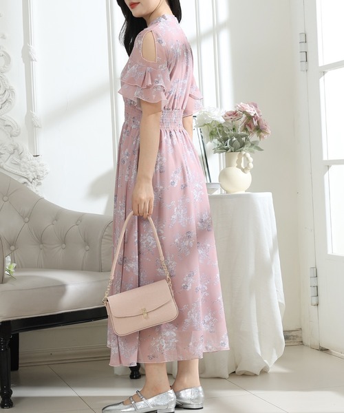 Lace Ladies(レースレディース)の「花柄 袖コンシャス フリル スタンドカラー ワンピース(ワンピース・レディース・グレー/ピンク/ブラック・FREE/S)」の4枚目の写真