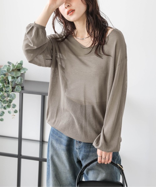 SUGAR BISKET(シュガービスケット)の「Vネックシアーニットトップス(Tシャツ/カットソー・レディース・ブルー/アイボリー系/グレー/モカ/ブラック/ライトブルー・フリー)」の4枚目の写真