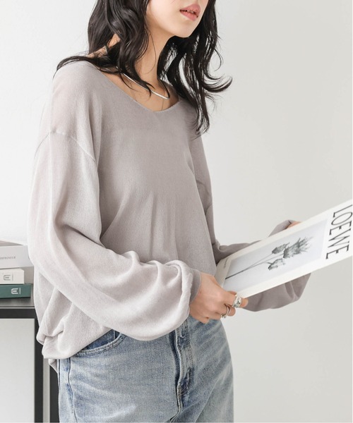 SUGAR BISKET(シュガービスケット)の「Vネックシアーニットトップス(Tシャツ/カットソー・レディース・ブルー/アイボリー系/グレー/モカ/ブラック/ライトブルー・フリー)」の12枚目の写真