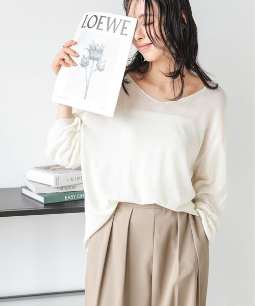 SUGAR BISKET(シュガービスケット)の「Vネックシアーニットトップス(Tシャツ/カットソー・レディース・ブルー/アイボリー系/グレー/モカ/ブラック/ライトブルー・フリー)」の21枚目の写真