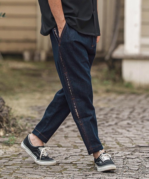 mp13619- レオパード柄サイドラインデニムテーパードパンツ（デニム