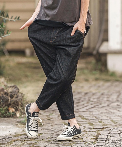 mp13619- レオパード柄サイドラインデニムテーパードパンツ（デニム