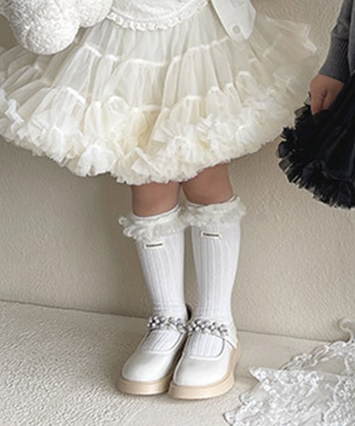 aimoha（アイモハ）の「【aimoha-KIDS-】フリンジリブソックス（ソックス/靴下・キッズ・ブラウン/ブラック/ベージュ/ライトグレー/ホワイト/モカ/ダークグレー/バーガンディー・FREE）」の2枚目の写真