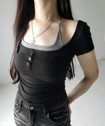 me+em select（ミームセレクト）の「【 ２color 】フェイクレイヤードヘンリーネック半袖チビTシャツ ／ fake layered henley neck short sleeve chibi T-shirt（Tシャツ/カットソー）」