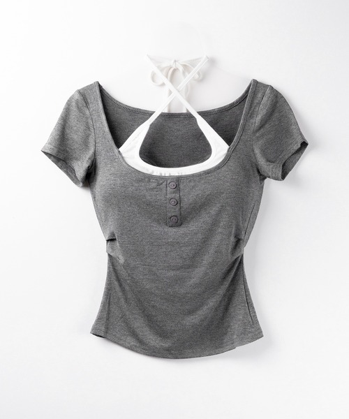 me+em select(ミームセレクト)の「【 2color 】フェイクレイヤードヘンリーネック半袖チビTシャツ / fake layered henley neck short sleeve chibi T-shirt(Tシャツ/カットソー・レディース・グレー/ブラック・FREE)」の22枚目の写真