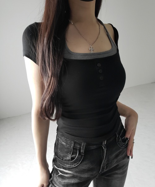 me+em select(ミームセレクト)の「【 2color 】フェイクレイヤードヘンリーネック半袖チビTシャツ / fake layered henley neck short sleeve chibi T-shirt(Tシャツ/カットソー・レディース・グレー/ブラック・FREE)」の14枚目の写真