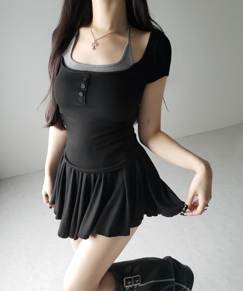 me+em select(ミームセレクト)の「【 2color 】フェイクレイヤードヘンリーネック半袖チビTシャツ / fake layered henley neck short sleeve chibi T-shirt(Tシャツ/カットソー・レディース・グレー/ブラック・FREE)」の17枚目の写真
