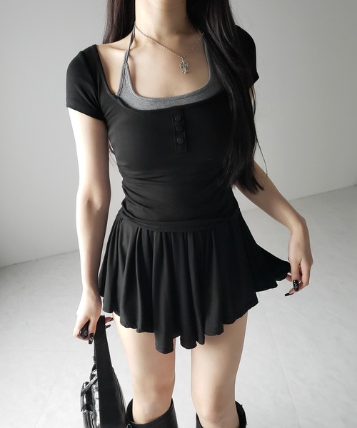 me+em select(ミームセレクト)の「【 2color 】フェイクレイヤードヘンリーネック半袖チビTシャツ / fake layered henley neck short sleeve chibi T-shirt(Tシャツ/カットソー・レディース・グレー/ブラック・FREE)」の18枚目の写真