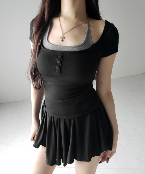 me+em select(ミームセレクト)の「【 2color 】フェイクレイヤードヘンリーネック半袖チビTシャツ / fake layered henley neck short sleeve chibi T-shirt(Tシャツ/カットソー・レディース・グレー/ブラック・FREE)」の19枚目の写真