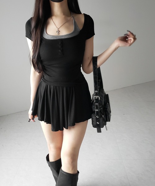 me+em select(ミームセレクト)の「【 2color 】フェイクレイヤードヘンリーネック半袖チビTシャツ / fake layered henley neck short sleeve chibi T-shirt(Tシャツ/カットソー・レディース・グレー/ブラック・FREE)」の20枚目の写真