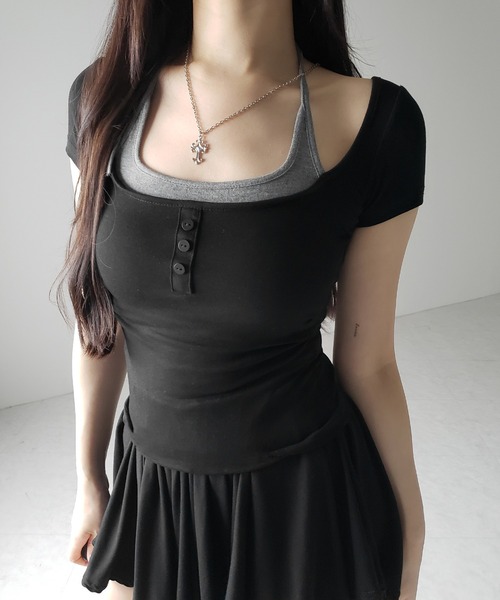 me+em select(ミームセレクト)の「【 2color 】フェイクレイヤードヘンリーネック半袖チビTシャツ / fake layered henley neck short sleeve chibi T-shirt(Tシャツ/カットソー・レディース・グレー/ブラック・FREE)」の21枚目の写真
