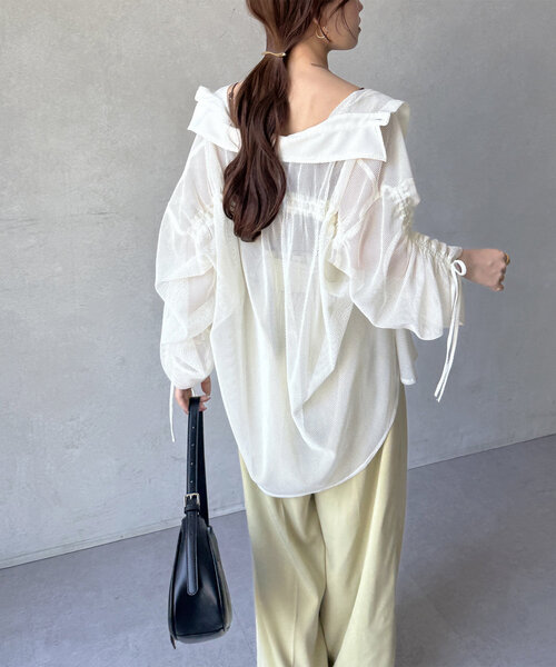 Thevon（ゼボン）の「袖シャーリングメッシュシアーシャツ（シャツ/ブラウス・レディース・ブラック/オフホワイト/グリーン・FREE）」の22枚目の写真