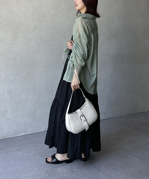 ブラウス シャツ 袖シャーリングメッシュシアーシャツ レディース Thevon ブラウス シャツ 袖シャーリングメッシュシアーシャツ