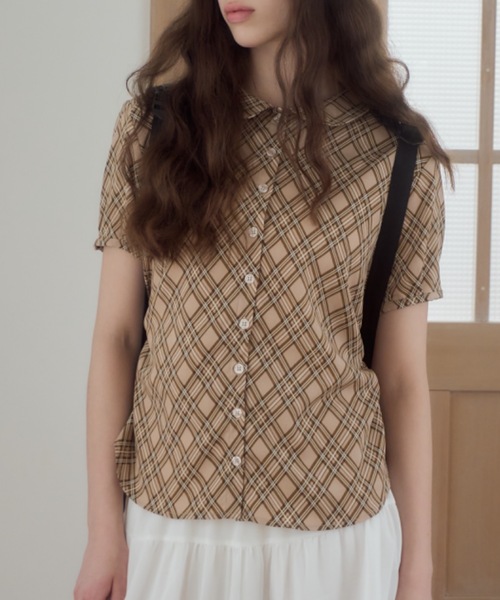Birthday room(バースデイルーム)の「チェック柄丸襟ブラウス/checkered round-neck blouse(シャツ/ブラウス・レディース・ブラウン/ベージュ・FREE)」の1枚目の写真