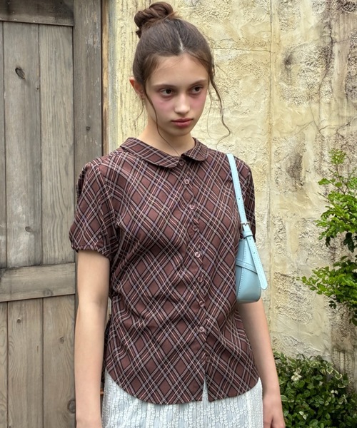 Birthday room(バースデイルーム)の「チェック柄丸襟ブラウス/checkered round-neck blouse(シャツ/ブラウス・レディース・ブラウン/ベージュ・FREE)」の2枚目の写真