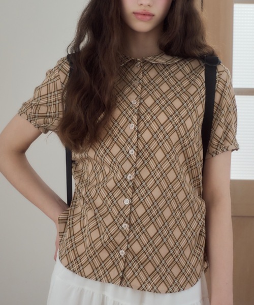 Birthday room(バースデイルーム)の「チェック柄丸襟ブラウス/checkered round-neck blouse(シャツ/ブラウス・レディース・ブラウン/ベージュ・FREE)」の6枚目の写真