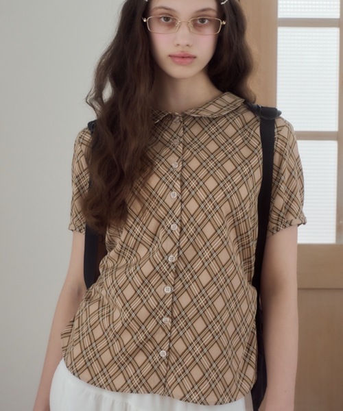 Birthday room(バースデイルーム)の「チェック柄丸襟ブラウス/checkered round-neck blouse(シャツ/ブラウス・レディース・ブラウン/ベージュ・FREE)」の8枚目の写真
