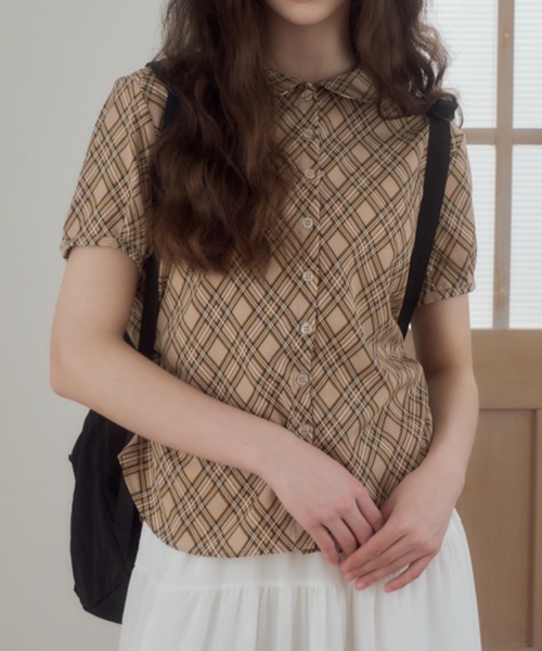 Birthday room(バースデイルーム)の「チェック柄丸襟ブラウス/checkered round-neck blouse(シャツ/ブラウス・レディース・ブラウン/ベージュ・FREE)」の13枚目の写真